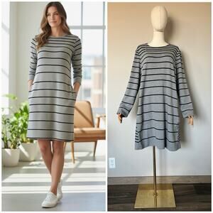 J Jill Womens Sweater Dress Sz XL Terry Knit Gray Striped Long Sleeve W/Pockets